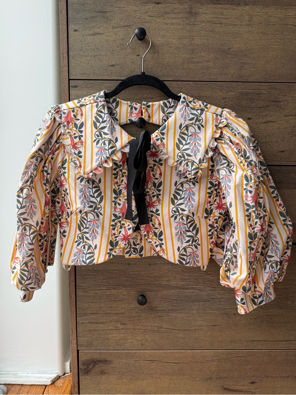 AGUA BY AGUA BENDITA Floral Stripe Puff-Sleeve Cropped Top with Bow Size XS